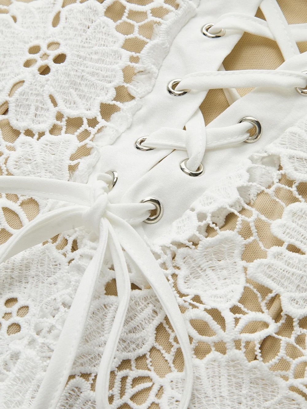 Commense Semi-Sheer Double Layer Lace Cami Dress White Lace Up Back MIDI NEW - Picture 5 of 9